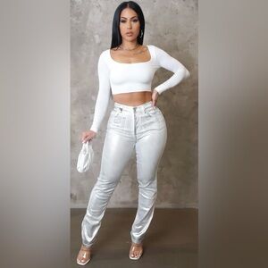 White silver metallic jeans